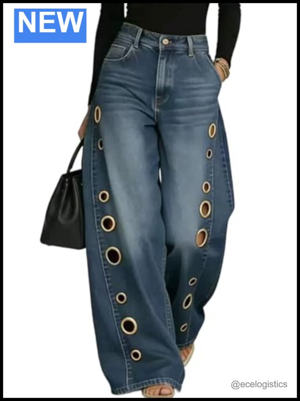 Wide Leg Jeans, High Waisted Eyelet Cut Out Y2K Pants